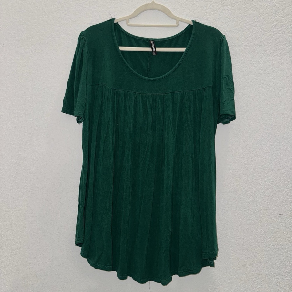 Allegrace Women Sz 1X Everyday Half Sleeve Blouse Green Ruffle Stretch Casual